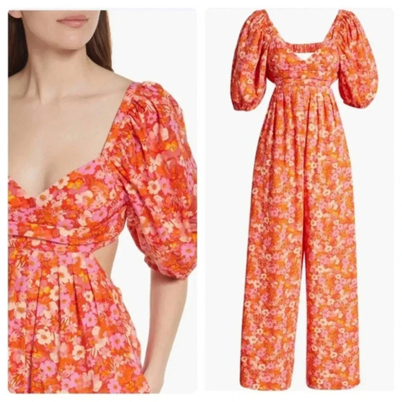 Free People Amy Floral Jumpsuit Wide Leg Cut-Out Back...